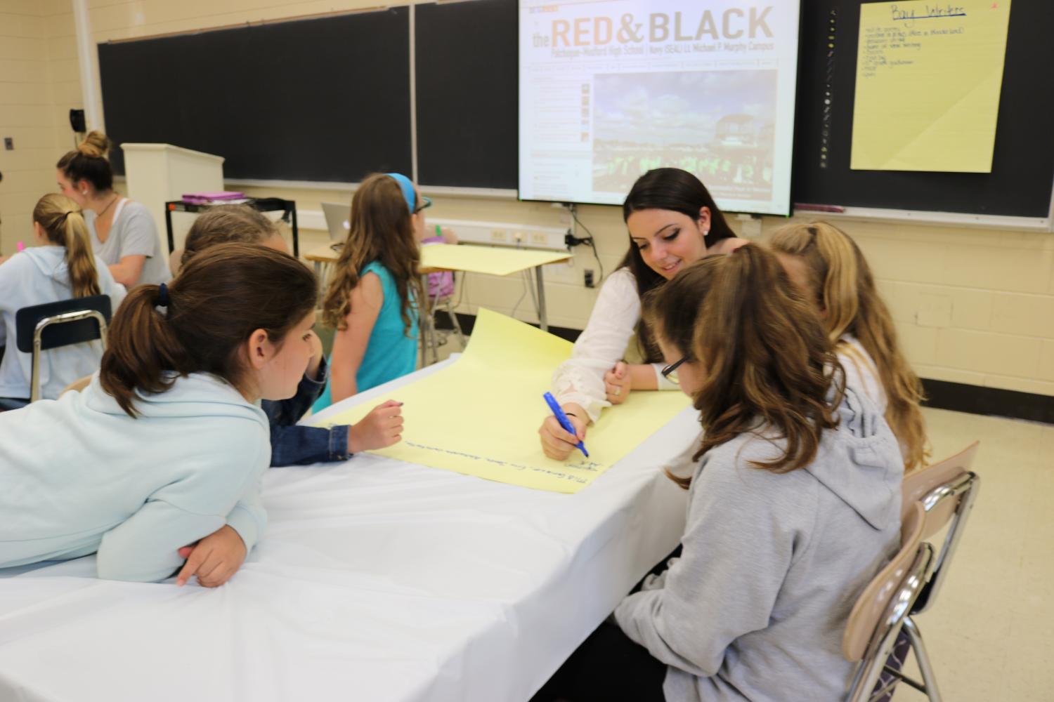 4th and 5th graders from Bay Elementary join seniors from the Red & Black for a writing workshop.