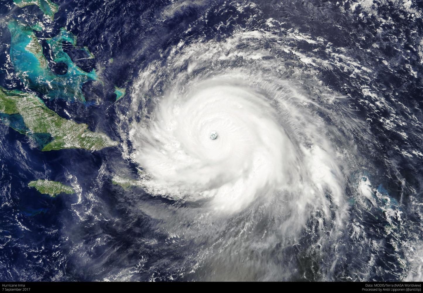 Satellite image of Hurricane Irma in the Atlantic Ocean approaching the Virgin Islands and Florida Keys.