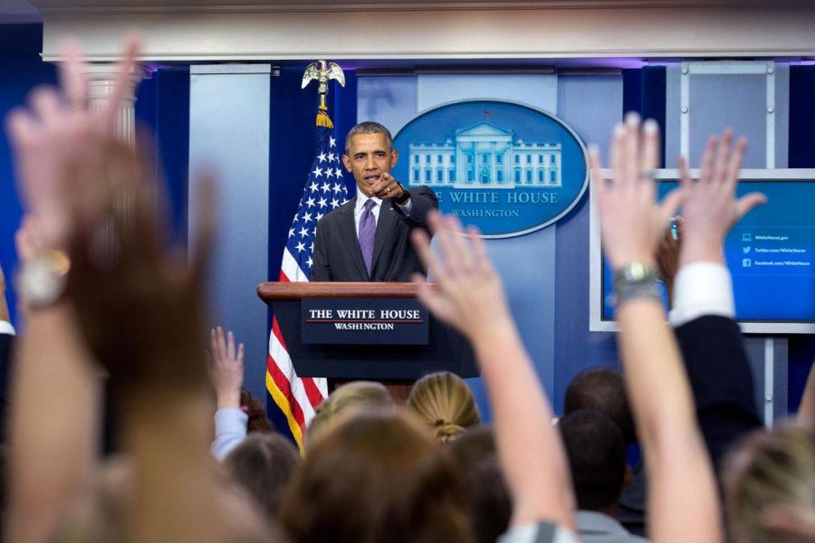 Former President Barrack Obama taking questions from the press at the White House (April 28, 2016).