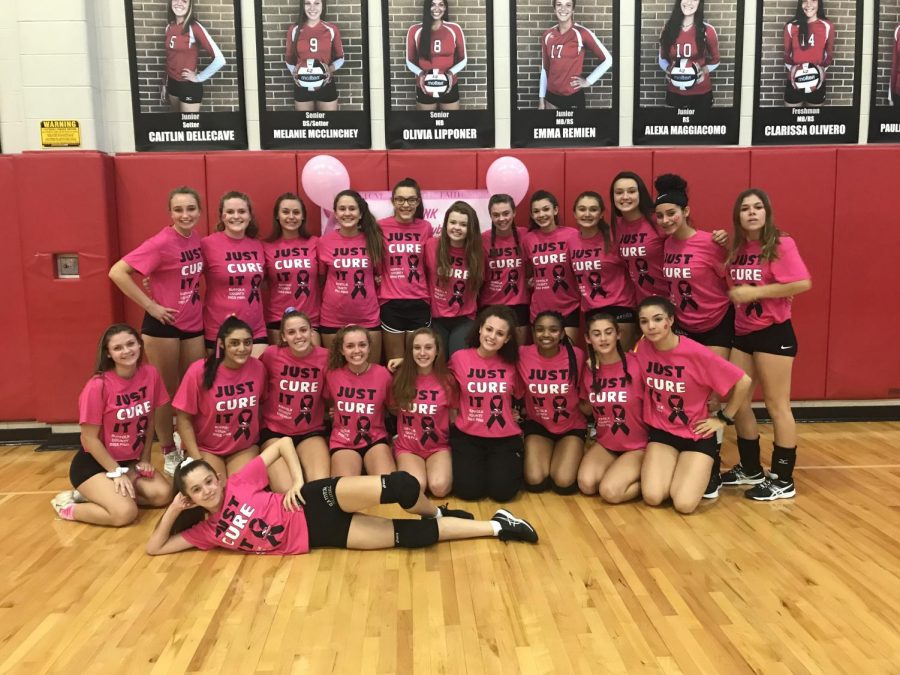 The girls volleyball team poses before their Dig Pink fundraising game. 