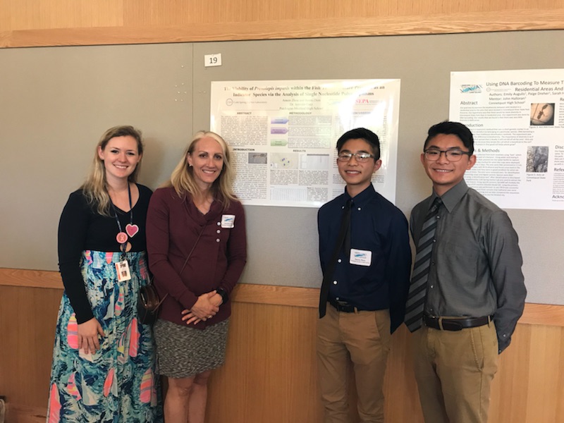 Ms. McAuley, Dr. Gatz, Justin Zhou, and Anson Zhou pictured at the June 2018 Barcode Long Island symposium. This was an event hosted by Cold Spring Harbor Laboratory where students were welcome to present their research findings from the school year.