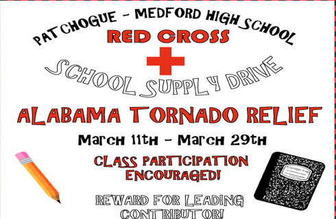The Red Cross Club will be collecting new or lightly used school supplies, such as notebooks, backpacks, binders, etc from now until March 29th. The supplies will be donated to families in need after the devastating tornado in the South on March 3rd. Class participation is encouraged but if you would like to donate on your own, a box will be placed in the main office where you can drop off your donations.