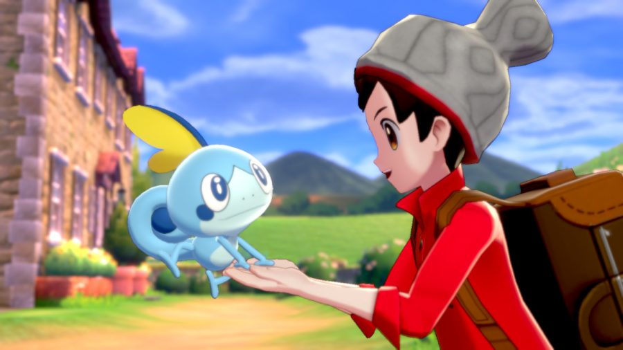 First encounter with a starter Pokémon, Sobble in the new game for the Nintendo Switch, Pokémon Shield.