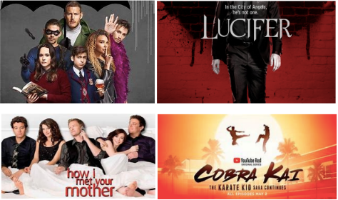 The best four shows to binge in between classes: The Umbrella Academy, Lucifer, How I Met Your Mother, and Cobra Kai. 