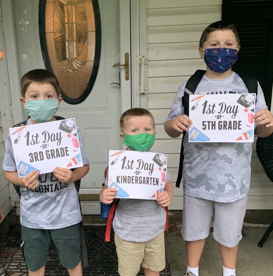 The first day of in-school learning for Colin, Killian, and Dylan Reynolds. They are required to wear masks all day like most schools so they decided to get a head start! 