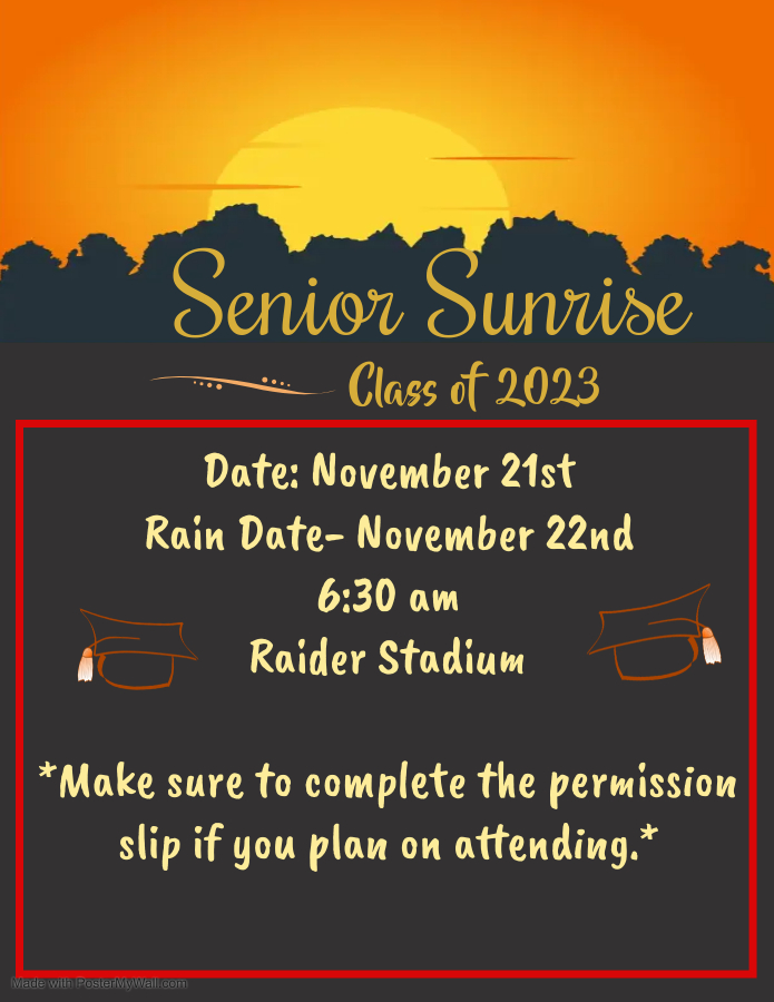 This Monday is Senior Sunrise! If you plan on participating make sure that you complete the permission slip as soon as possible! It can be found on Parent Square.