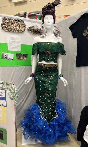 The CTE Fashion Design and Merchandising students up-cycled prom dresses to create this original piece that celebrates culture and style at the PMHS Multicultural event. 