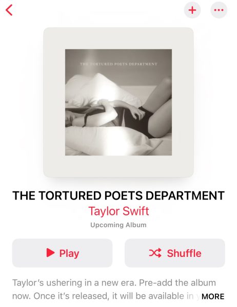 Screenshot of The Tortured Poets Department on Apple Music. Album release is April 19th, 2024.