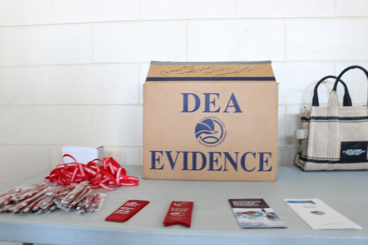 Inventory of DEA items brought to Red Ribbon Week for students, including a DEA evidence box (not for students).