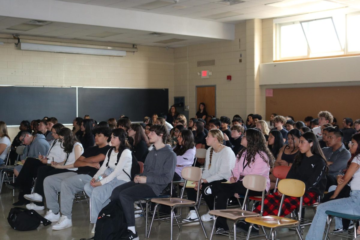 Students attending the Red Ribbon Week presentation against drugs.