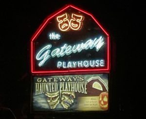 This bright neon sign is what visitors see leading the way into the Gateway Playhouse parking lot.