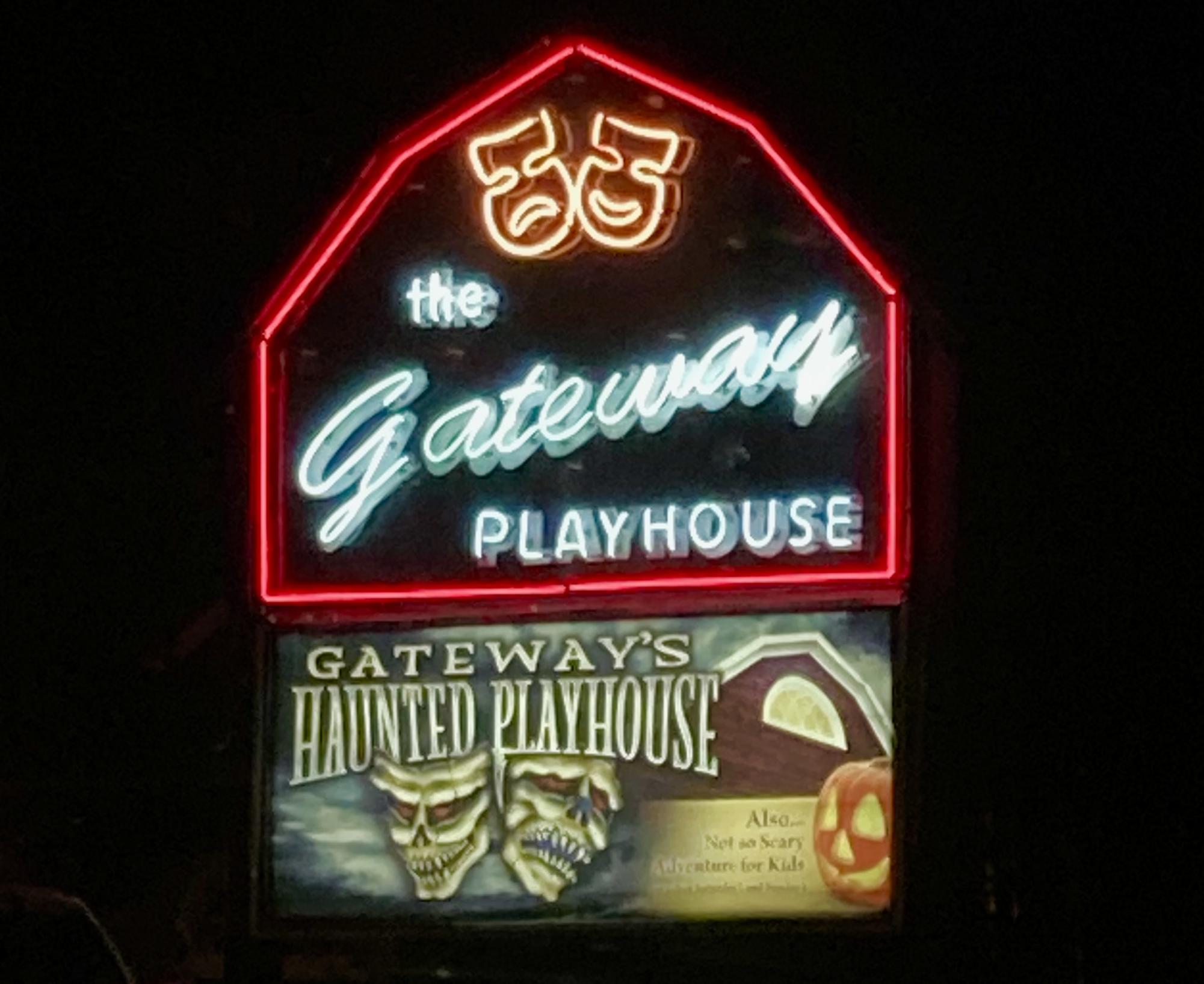 This bright neon sign is what visitors see leading the way into the Gateway Playhouse parking lot.