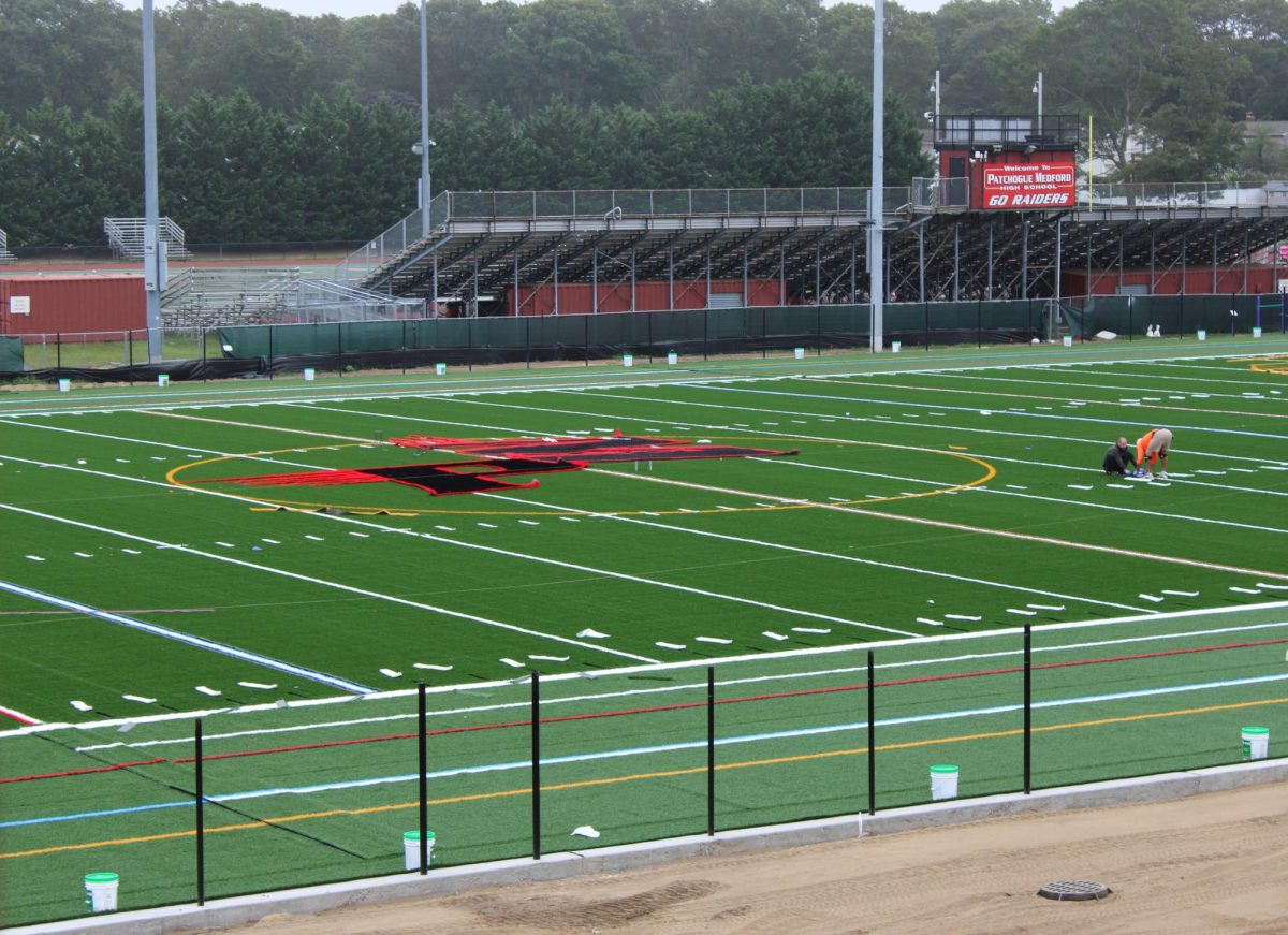 Our new Turf field is coming together! Crews are busy adding in the lines, numbers and the classic Patchogue-Medford logo to center-field as a part of the district’s bond referendum. Dr. R is very excited for what these new facilities have to offer. 